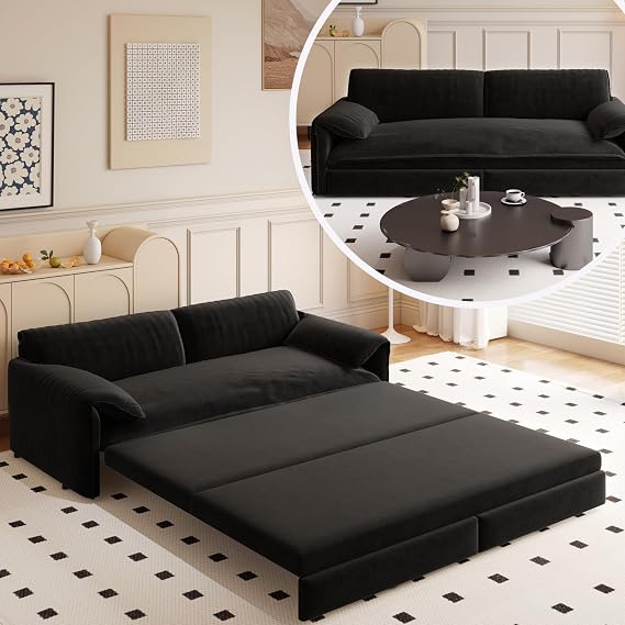 66" Queen Size Sleeper Sofa Bed, 3-in-1 Velvet Loveseat Sofabed