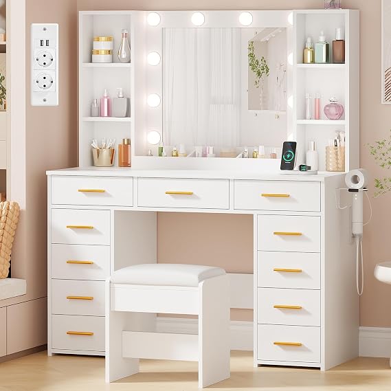 ANWBROAD White Dressing Table with Adjustable LED Lighting Hair Dryer