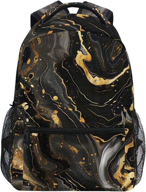 ALAZA Luxury Black & Gold Marble Backpack Purse with Multiple Pockets Name Card Personalized Travel Laptop Book Bag, Size S/16 inch