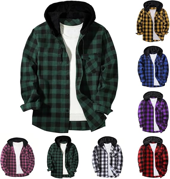 Mens Flannel Hoodie Shirt Casual Button Down Plaid Jacket Shirts Fall Fashion Stylish Long Sleeve Shirts with Pocket