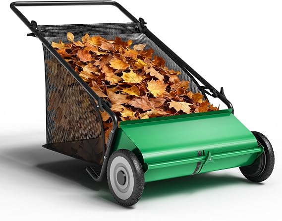Push Lawn Sweeper, 21-Inch with 4 High-Speed Brushes, Heavy-Duty Steel Frame & Large 3.5 Cu. Ft Hopper Bag for Yard and Leaf Cleanup, Green