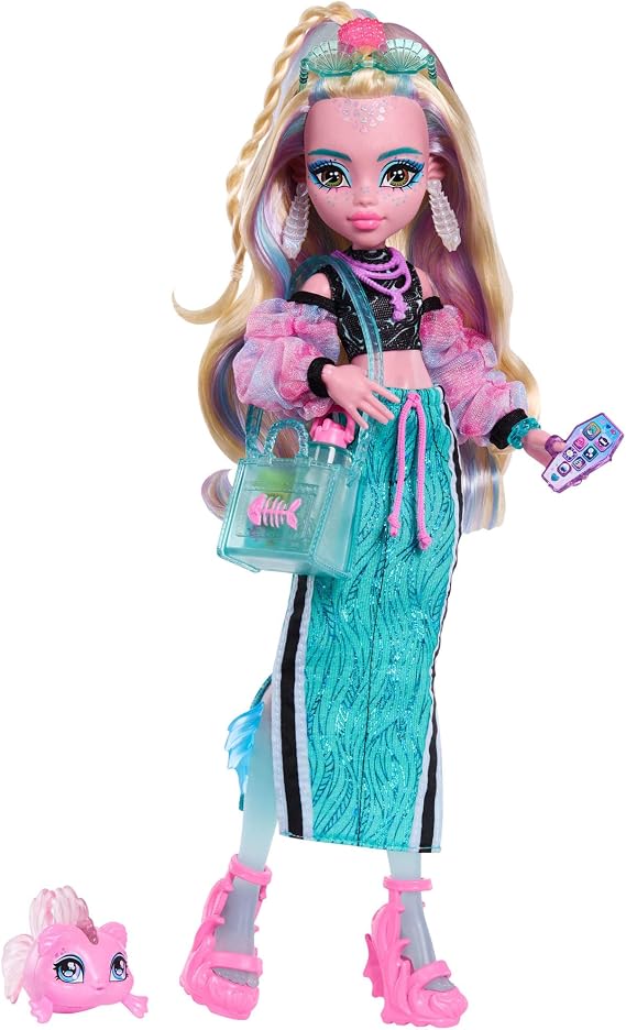 Monster High Lagoona Blue Puppe mit Piranha-Haustier Seeungeheuer im Crop-Top und sportlichem Maxirock mit Fisch Neptuna 7 Accessoires wie Muschel-Sonnenbrille JHK33