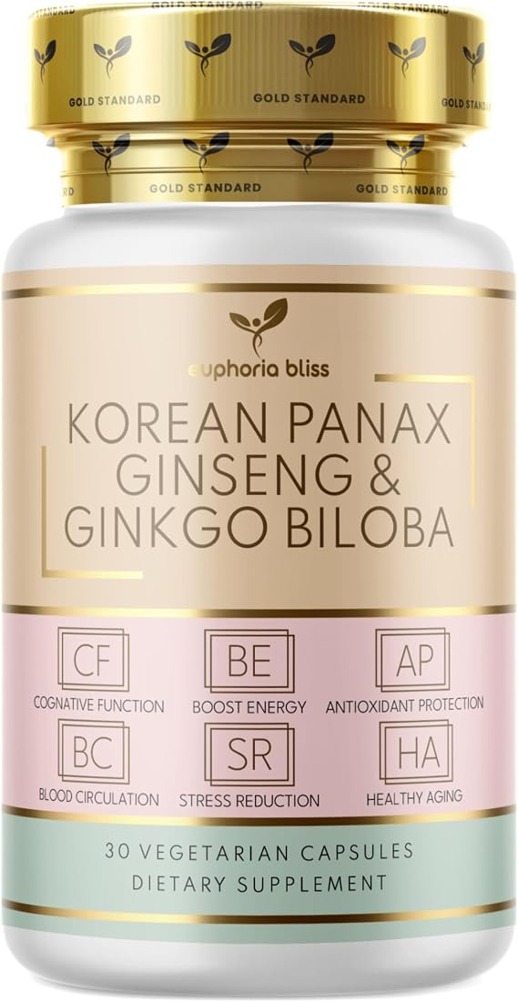 Panax Ginseng Capsules - 6000mg Korean Red Ginseng and Ginkgo Biloba - Ashwagandha 1000mg, Ginger - for Men & Women - Premium Ginseng Root Standardised 20% Ginsenosides - 30 Tablets - UK Made