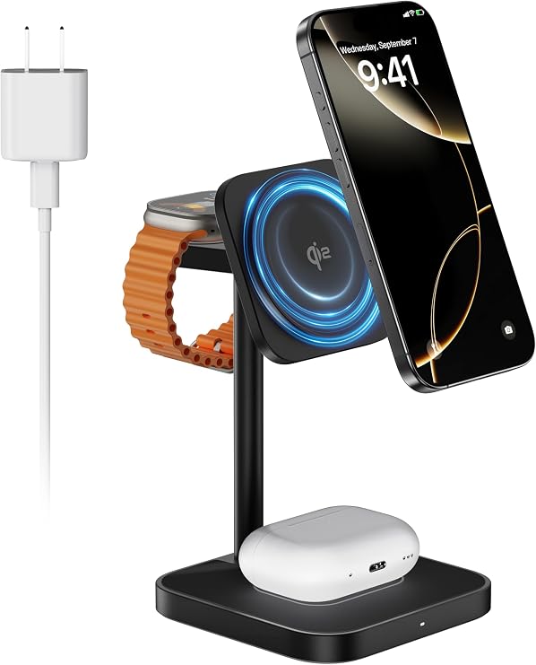 [Qi2 Certified ] LULULOOK 3 in 1 Charging Station, 15W QI2 Wireless Charger Stand Magnetic Charger for iPhone 17/16/15/14/13/12 Series, AirPods Pro/3/4, Apple Watch with 30W PD Adapter
