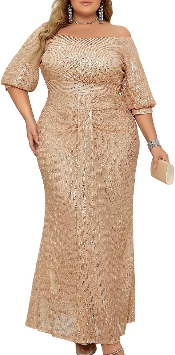 Madam Uniq Women Short Sleeve Sequin Formal Dress 1920s Plus Size Cocktail Wedding Guest Dresses Maxi Evening Gown