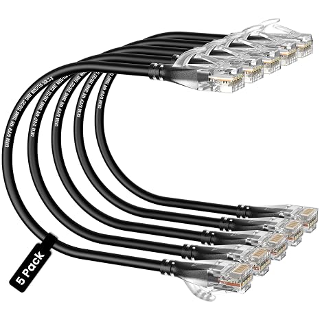 CableGeeker Cat 6A Slim Ethernet Patch Cables, 1 ft, 5-Pack, Black