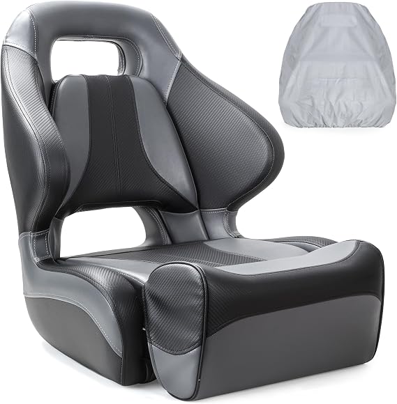 Premium Pontoon Boat Seat Bucket Seat with Sport Flip Up Bolster,Captain Chair with Seat Cover,Charcoal/Black