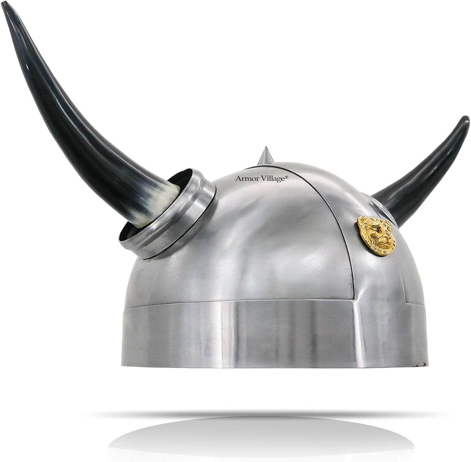 Steel Viking Warrior Armor Barbarian Medieval Helmet wBuffalo Horns and Brass Trim, 8.5"