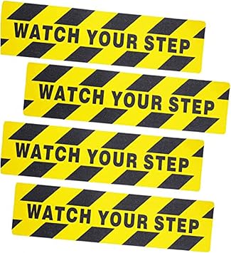4 Pieces 6 by 24 Inches Watch Your Step Warning Sticker Adhesive Tape Anti Slip Abrasive Tape for Workplace Safety Wet Floor Caution
