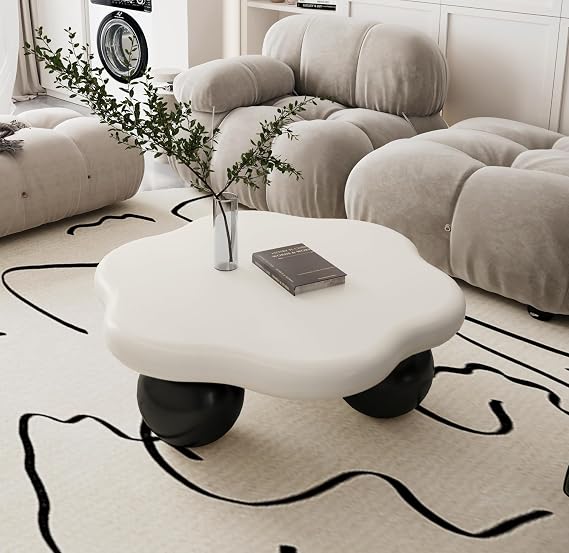 35" Cloud Coffee Table with 3 Ball Legs, Modern Minimalist Petal Center Table for Living Room, Low Cute Small MDF Tea Table for Bedroom, Small Space Apartment-White Black