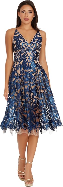 Dress the Population Womens Blair Plunging Fit and Flare Midi Dress