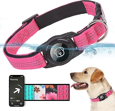 BINGPET AirTag Dog Collar,IP68 Waterproof Airtag Holder,Ultra-Durable Reflective Dog Collar with Padded for Tracker,Adjustable Heavy Duty Dog Collar for Small Medium Large DogsS13-17,Pink
