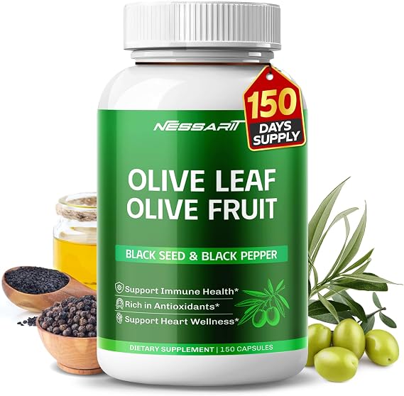 Olive Leaf Supplement, Olive Leaf with Olive Fruit, Black Seed & Black Pepper, Immune Support, Antioxidant & Heart Wellness Support, 150 Capsules, Non-GMO, Gluten Free*