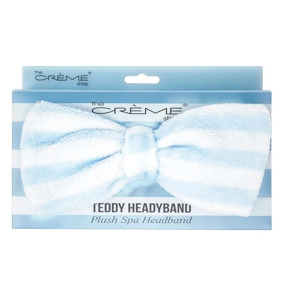 The Creme Shop Teddy Headband - Spa Headband for Skincare, Face Masks, Washing Face, Makeup and Bathing - Soft, Gentle Material for All Skin Types (Blue Stripped)