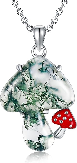YAFEINI Mushroom Necklace Moonstone/Moss Agate/Malachite/Labradorite/Turquoise/Amber/Larimar/Black Onyx/Lapis Lazuli/Peridot/Opal Sterling Silver Mushroom Pendant Mother's Day Jewelry for Women Mom