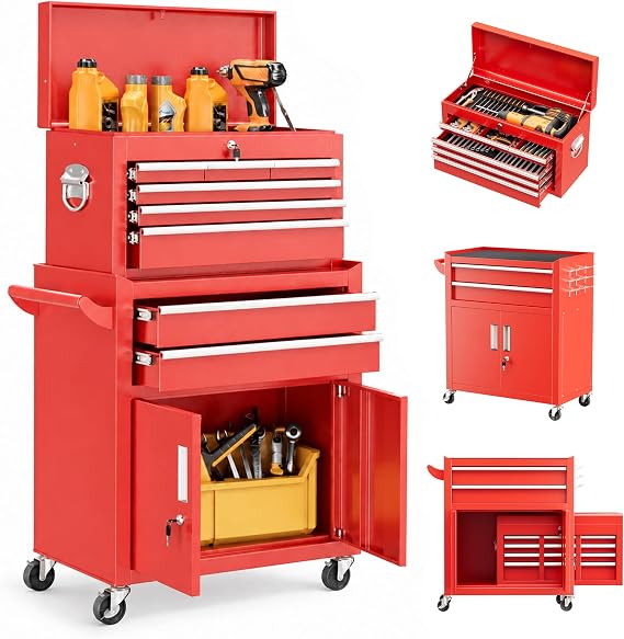 Bonusall 8 Drawer Rolling Tool Chest and Cabinet Combo,Heavy-Duty Metal Garage Tool Chest with Wheels and 2 Doors,2-in-1 Top Box and Roller Cabinet Combo for Garage, Workshop, Warehouse-Red