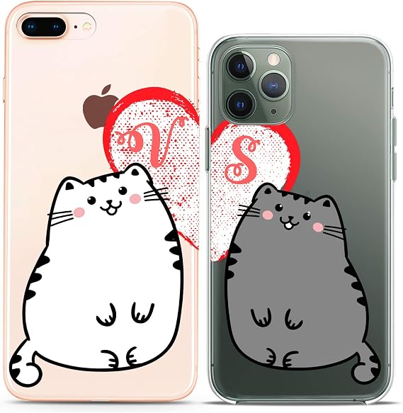 Matching Couple Cases Compatible for iPhone 16 15 14 13 12 11 Pro Max Mini Xs X 6s 8 Plus 7+ Xr 10 SE 5 Custom Kawaii Cats Monogram Personalized Best Friend Silicone Pair Cover Cute Mate Bro