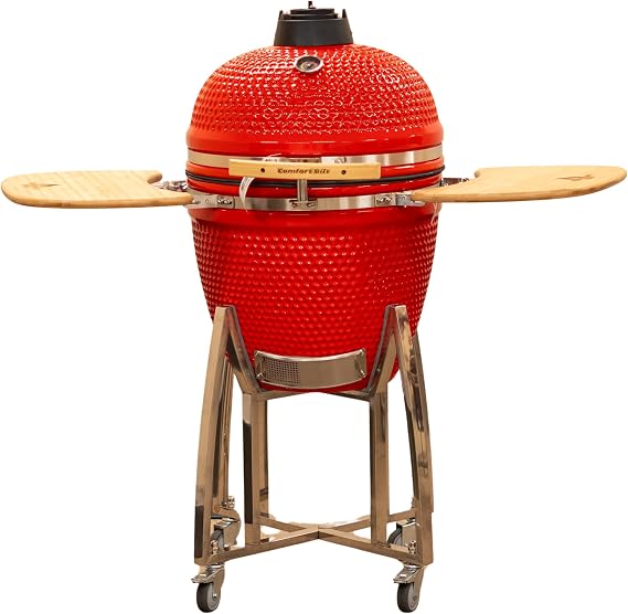 21" Kamado Grill COALS by Comfortbil Charcoal Ceramic Grill Smoker with Cart, Side Shelves and 412 Cooking Square Inches in Red