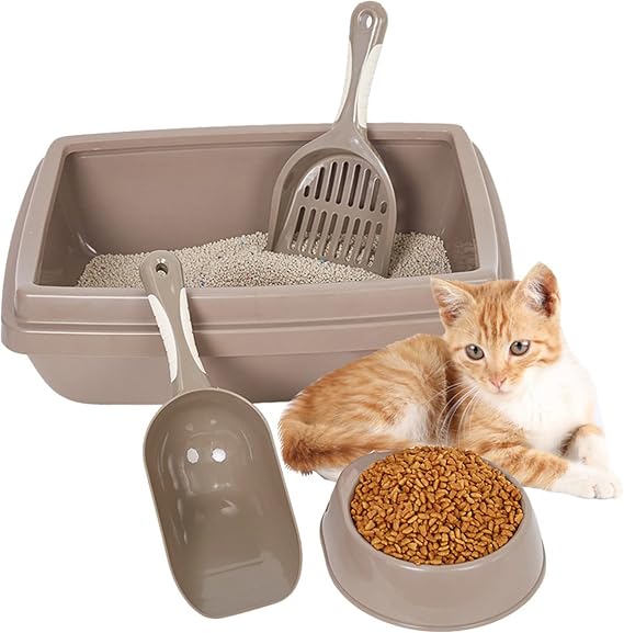 Plastic 4 Pcs Pet Supplies Set Cat Kitten Dog Litter Tray, Bowl, Litter Scoop and Food Scoop (Brown)