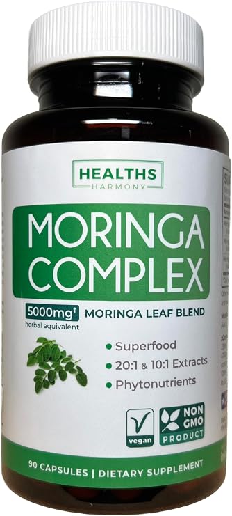 Capsulas de Moringa (Suministro para 3 Meses) Alta Potencia - Mezcla Avanzada: Extracto de Hoja 20:1 235mg Polvo de Hoja 100mg Extracto de Hoja 10:1 20mg por Porcion de 1 Capsula Vegana - 90 Capsulas