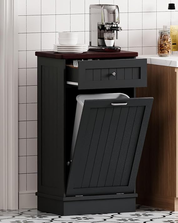 Betterhood 10 Gallon Tilt Out Trash Cabinet with Big Storage Drawer, Solid Wooden Trash Garbage Can Cabinet, Mid-Century Modern Recycling Cabinet & Laundry Sorter for Kitchen Dining Room, Black
