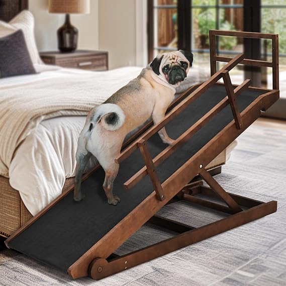 Dog Ramp for Bed & Couch, Foldable Wooden Pet Ramp, 5 Adjustable Heights | Height up to 23.5", Portable Dog Ramp with Non-Slip Rubber Surface & Safety Railings, Pet Ramp for Small, Large, Senior Dogs