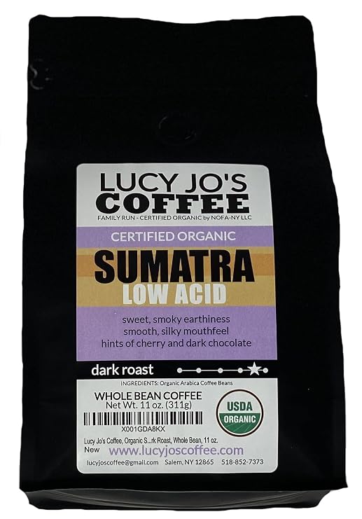 Lucy Jo's Coffee, Organic Sumatra, Low Acid, Dark Roast, Whole Bean, 11 oz.