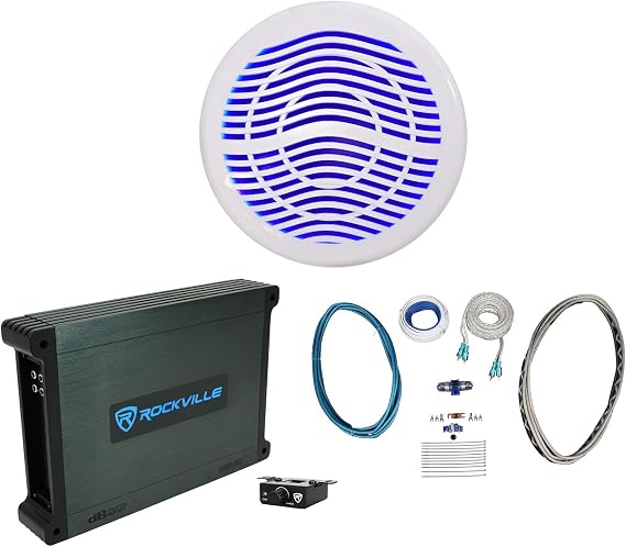 Rockville MS12LW White 12" Marine Subwoofer with dBM12 Amplifier | 2800W Peak / 700W RMS Subwoofer, 2000W Peak / 500W RMS Class D Amp, LEDs, Bass Remote, RMWK4 4 AWG Wiring Kit, 3-Items