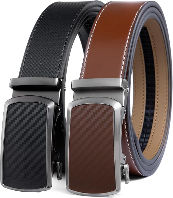 Drowsmen Ratchet Belt for men, leather belt 2 packs in Gift Set Box Size Adjustable belt, waist Trim to Fit