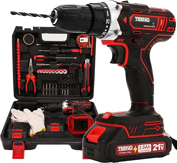 TEENO Cordless Screwdriver for Makita 21 V 2 x 2.0 Ah Batteries 45 Nm 25 + 1 Torque Settings 2-Speed Gearbox LED 46 Accessories and Storage Case Suitable for Woodwork