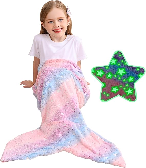 Viviland Kids Mermaid Tail Blanket - Mermaid Tail Blanket Glow in the Dark - Flannel Mermaid Blanket Gift - Luminous Stars Super Soft Tie Dye Girls Toys - Multicolor Stars 17"x39"