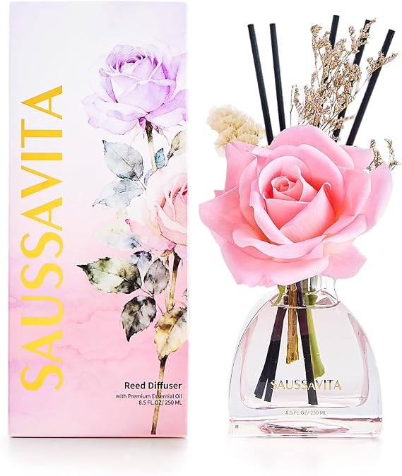 Reed Diffusers Set Rose Scented Diffuser for 140 Days, Flower Diffuser 8.5 fl oz with Dried Flowers and Decorative Rose, Long Lasting Home Fragrance with 10 Sticks for Bathroom, Shelf, Office Decor