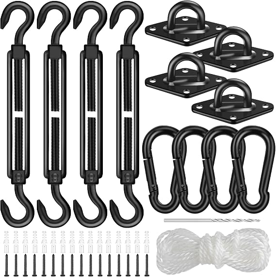 304 Stainless Steel Shade Sail Hardware Kit, 6 Inch Matte Black Sun Shade Hardware Kit for Triangle Rectangle Installation, Sun Shade Sail Hardware for Garden, Patio, Outdoors-46 PCS
