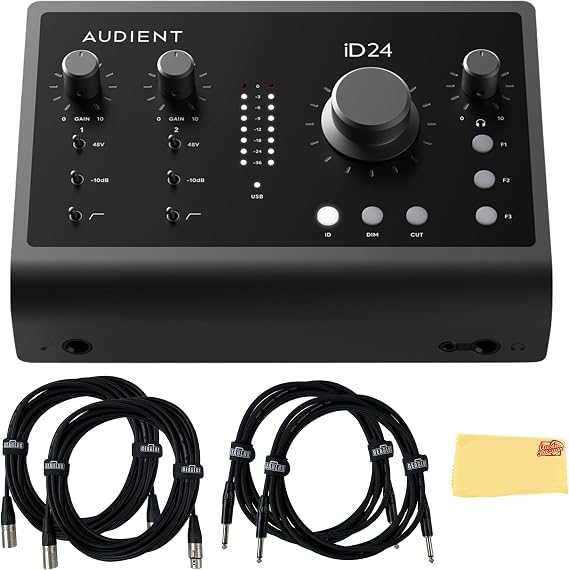 Audient iD24 USB-C Audio Interface Bundle with 2 Instrument Cables, 2 XLR Cables, and Austin Bazaar Polishing Cloth
