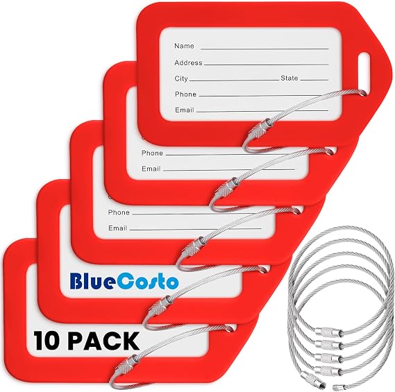 Luggage Tags, Red, 10 Pack, Suitcase Tags with Name ID Card & Wire Loops