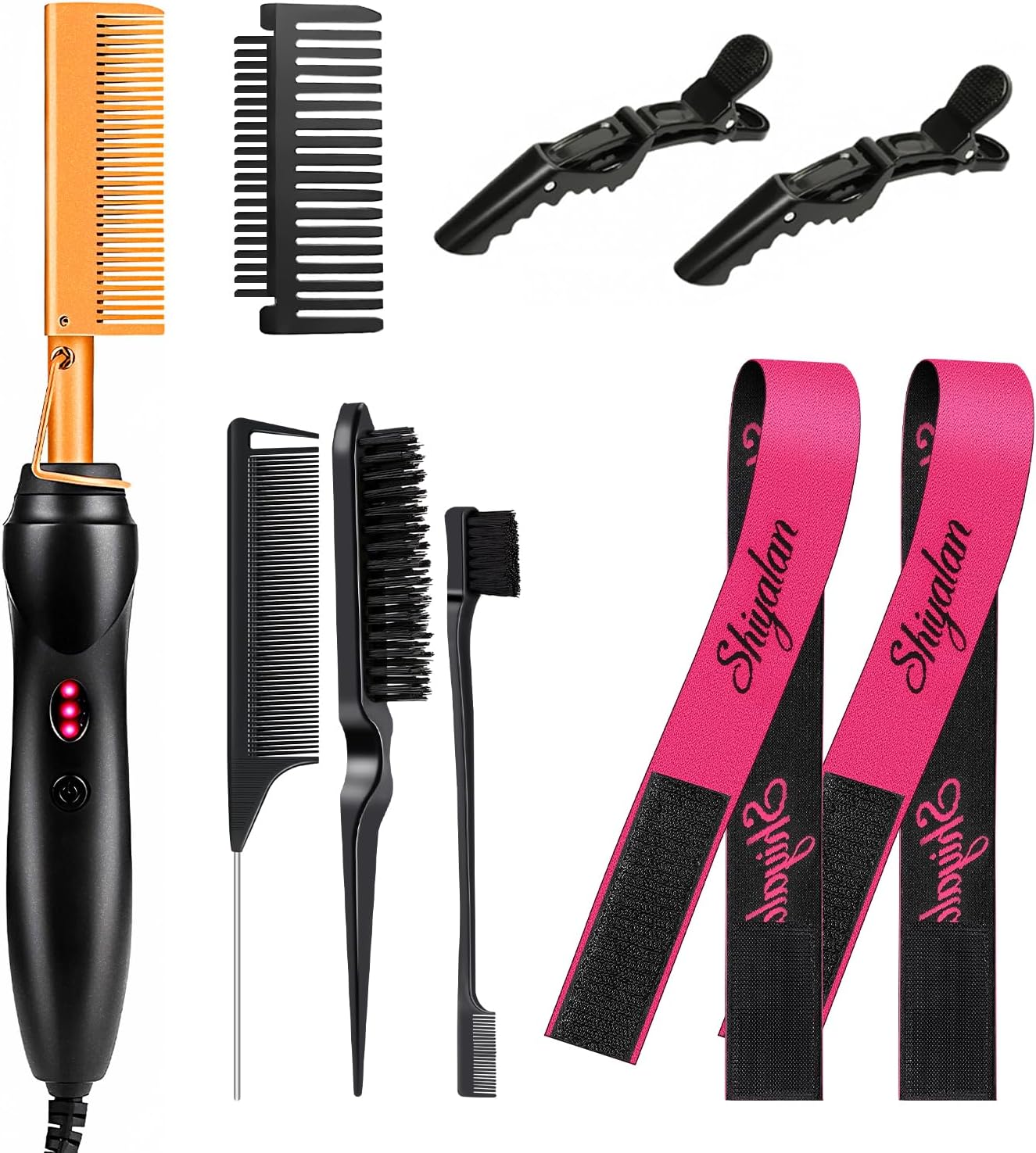 8Pcs Professional Hot Comb Hair Straightener Set - Electric Styling Kit with 3 Pcs Slick Back Brushes, Salon Clips & Lace Band for Sleek Hair & Salon Finishes(8P)