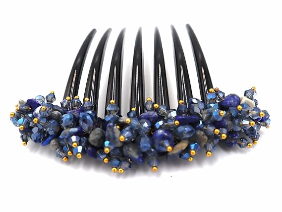 Thai Hair Comb, Blue, French Twist, Plastic, Handmade From Thailand, 3.5 x 4 Inch, Ornamented with Stones, Ideal for Weddings or Glamorous Evening Occasions, Women attending special events