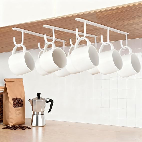 3pcs Mug Hooks,Under Cabinet Mug Holder, Coffee Cups Hook,Mug Hanger Organizer Rack with 9 Hooks for Displaying Mugs, Cups and Kitchen Utensils (White)