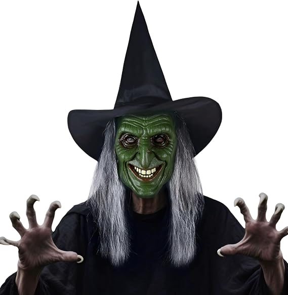 JEGERMIG Green Witch Halloween Mask with Gray Hair and Black Hat Horror Costume Accessory