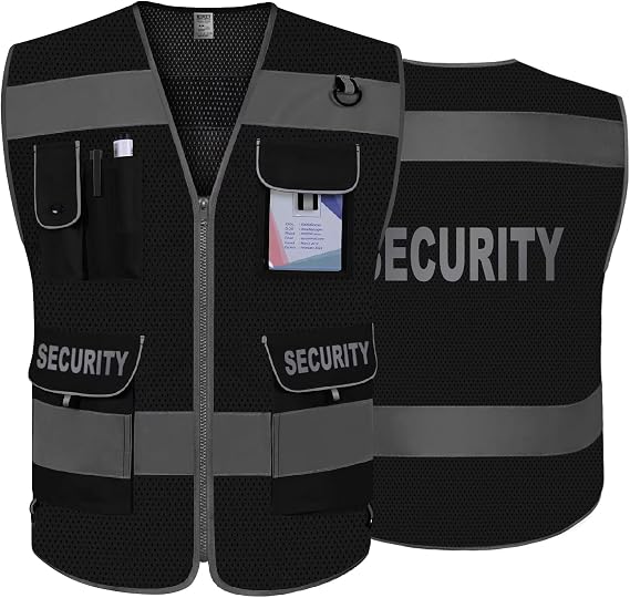 TCCFCCT Mesh Security Vest for Security Guard 9 Pockets High Vis, Black S