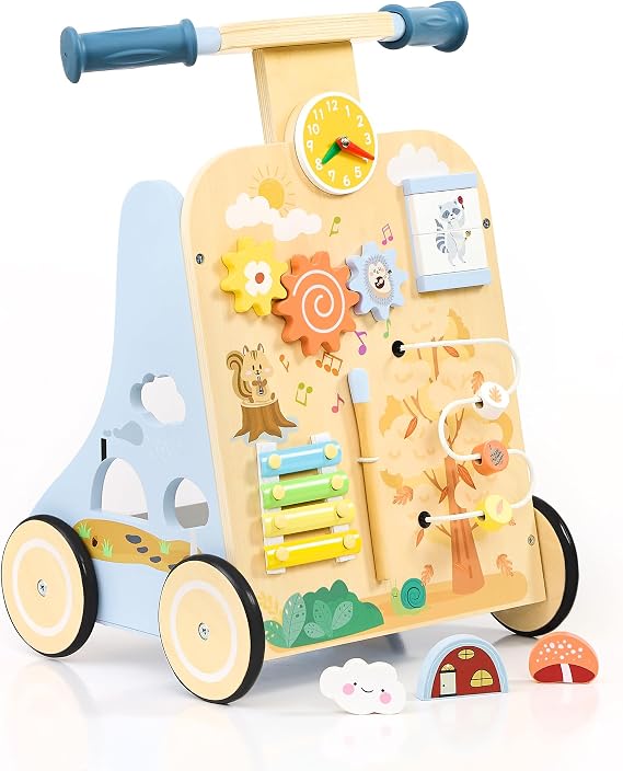 Wooden Baby Walker, Baby Push Walker for 12+ Months, Baby Walker with Activity Center, Push and Pull Walkers for Boys Girls