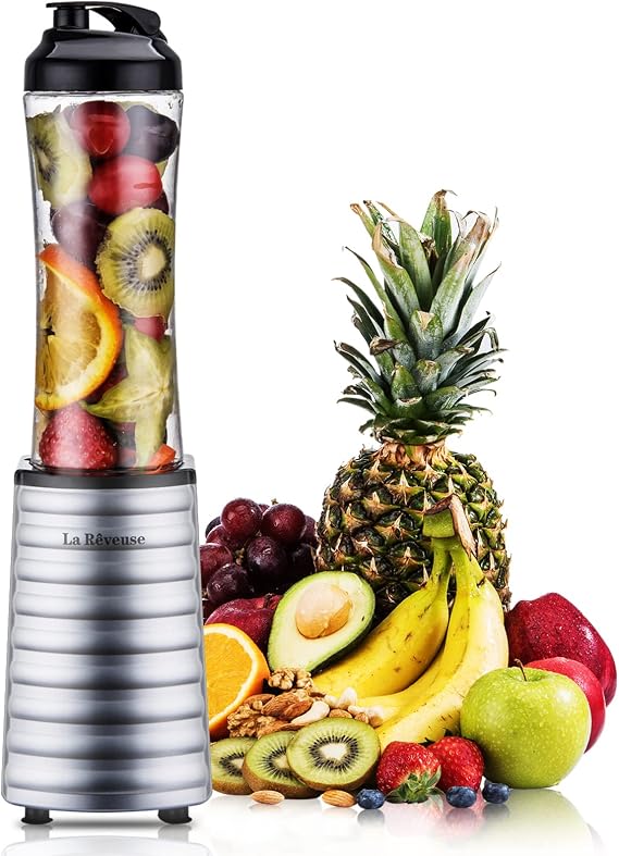 La Reveuse Personal Size Blender for Protein Shakes and Smoothies, Silver | 18oz BPA-free Portable Bottle with Spout Lid, Push to Blend, Suitable for Home, Apartment, Office, Dorm, 300 Watts, LARB1801S