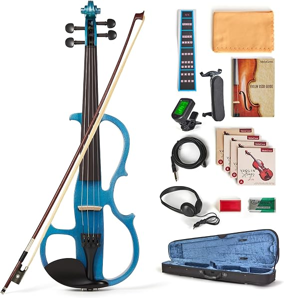 Cobalt Blue Silent Electric Violin 4/4 Full Size, Acoustic-Electric Violin for Beginners & Students, Quiet Practice with Headphones, High-Fidelity Pickup, Complete Starter Kit