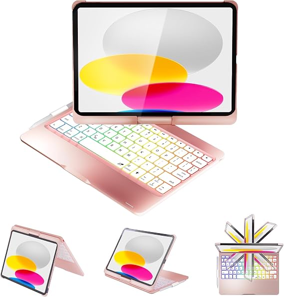 BABG Keyboard Case for iPad 10th Generation&iPad 11th(A16,2025),iPad Air 11/iPad Pro 11 inch Keyboard&iPad Air 5th/Air 4th Keyboard,Non-Trackpad,360Swivel,7 Use Modes,Backlight-Pink