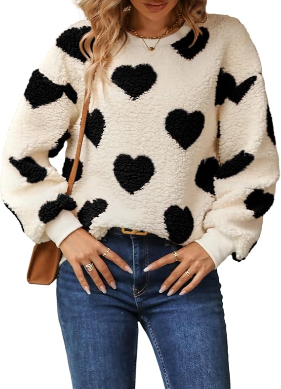Women Heart Print Sweater Love Graphic Knitted Top Crewneck Cute Holiday Long Sleeve Shirts