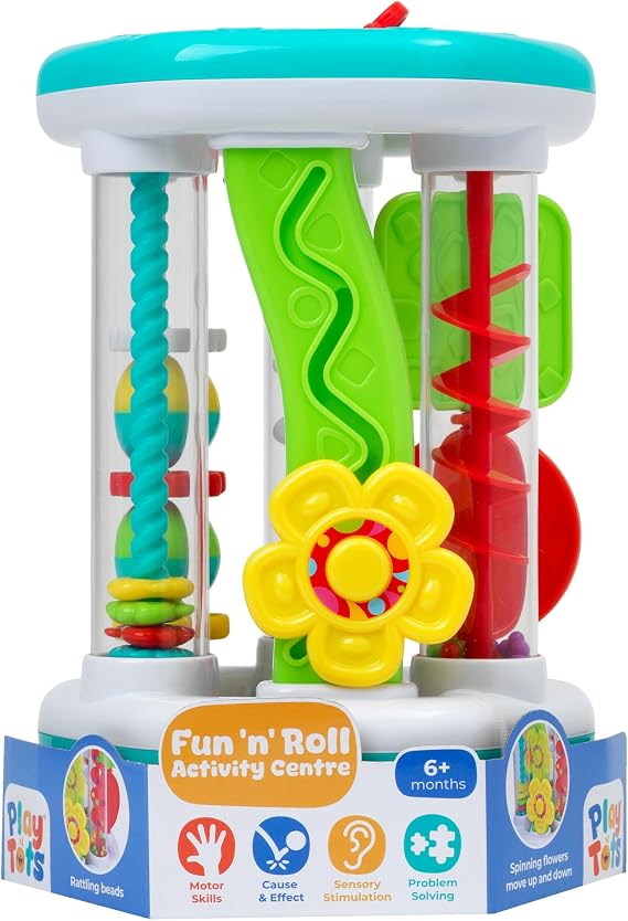 John Adams | Play Tots - Fun 'n' Roll Activity Centre | 8 infant activities to develop hand-eye coordination including rattling beads and spinning flowers | Baby and Toddler Toys | Ages 6m+