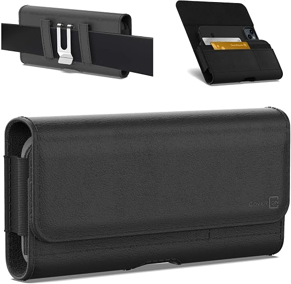 CoverON Holster for Samsung Galaxy S26 S25 S24 S23 S22 S21 S20 S10+ /Galaxy Note 10 /J3 A10e A01 Cell Phone Case Belt Clip ID Card Carrying Black Leather Pouch (Fits with Otterbox or Any Case on)