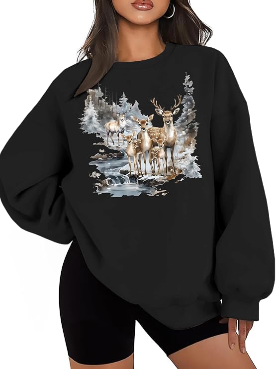 NEWWEN Deer Wilderness Scene Vintage Sweatshirt Women Oversized Nature Camp Shirt Animal Print Outfits Wildlife Winter Tops