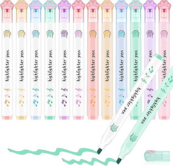 Harloon 12 Pcs Cat Paw Cute Kawaii Highlighters - Soft Chisel Tip, No Bleed Pastel Markers for School, Office, Bible Journal Supplies
