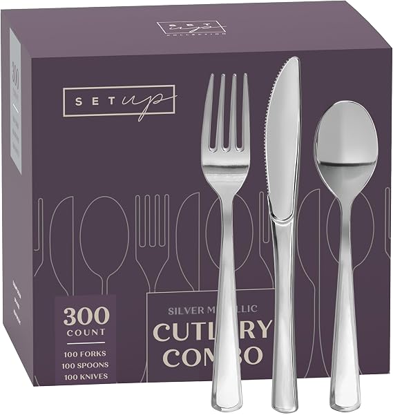 SETUP [300 Count] Disposable Silverware, Silver Combo Cutlery - 100 Forks, 100 Spoons, 100 Knives - Heavy Duty, and Durable Silver Plastic Silverware Set Great for Parties, Events and Everyday use